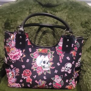 Ed Hardy Black And Pink Floral Skull Tote Handbag